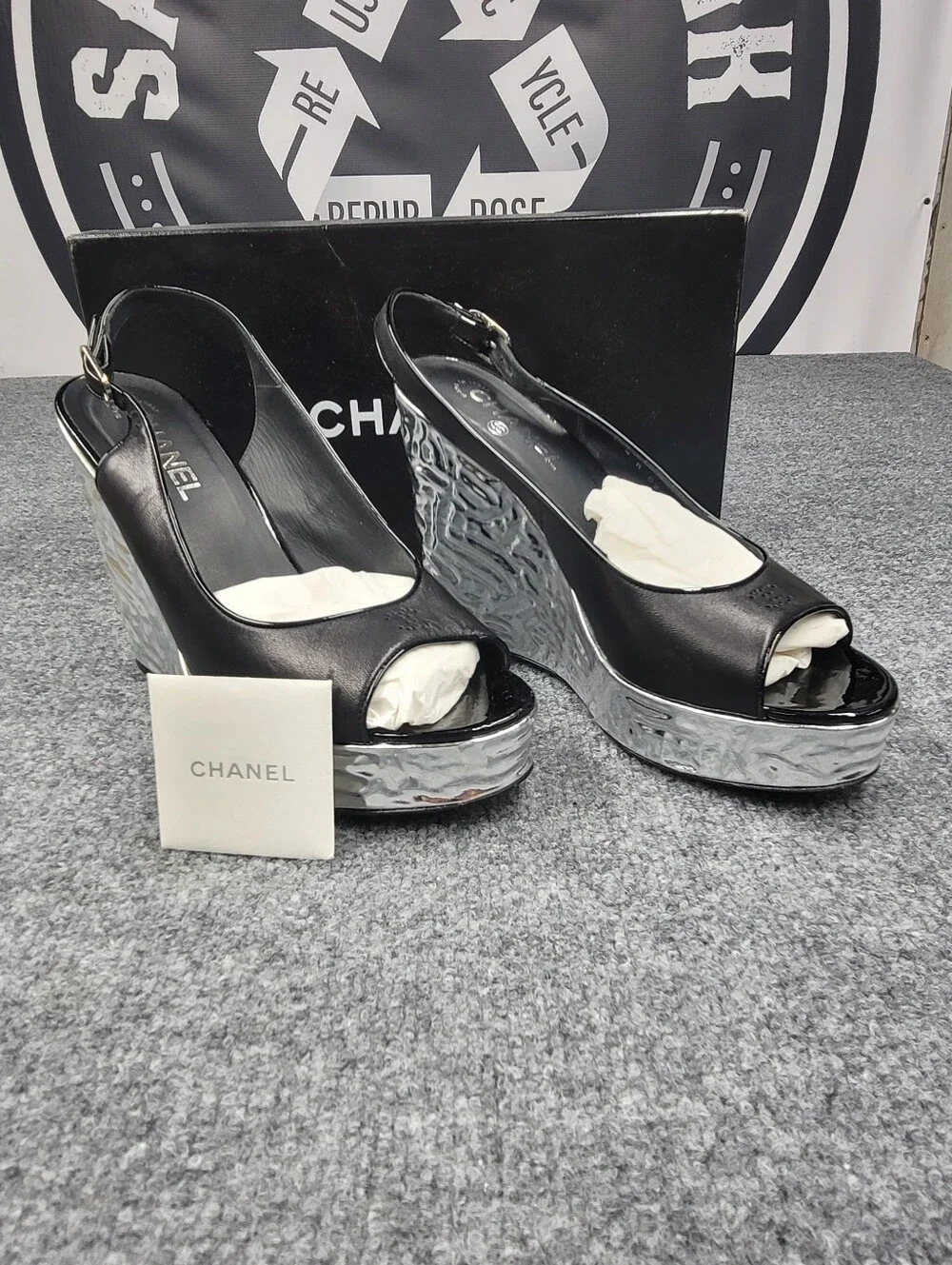 Chanel Black Leather Silver Wedge Peep Toe Sling Back Sandals Size 41